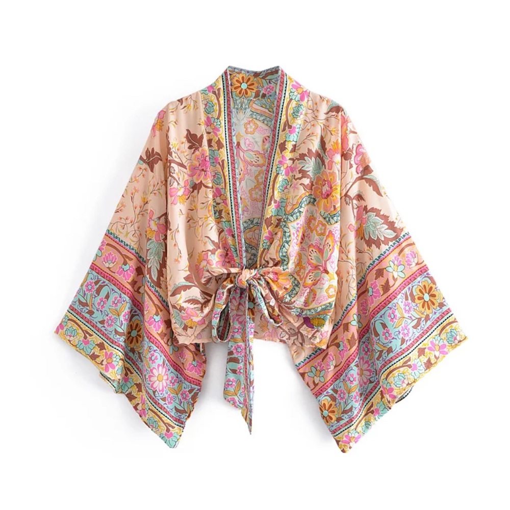Vintage Summer Print- Kimono Blouse Top- “Creamy Light Pink”